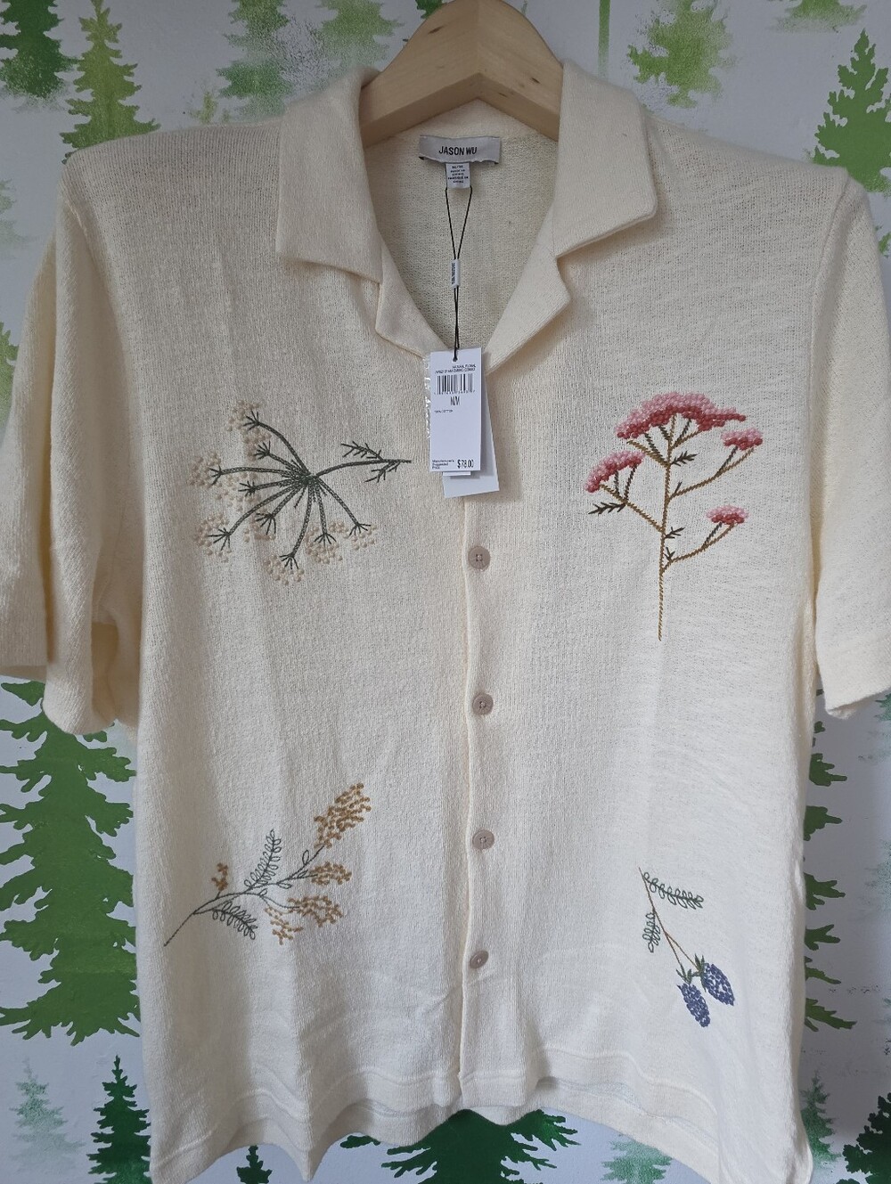 Jason Wu Cream Short-Sleeve Button Front Shirt with Floral Embroidery